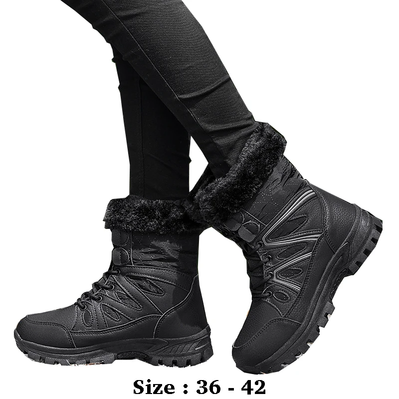 

High quality ankle length leather snow boots for women strip print new 2025 winter plush warm walking shoe black pink