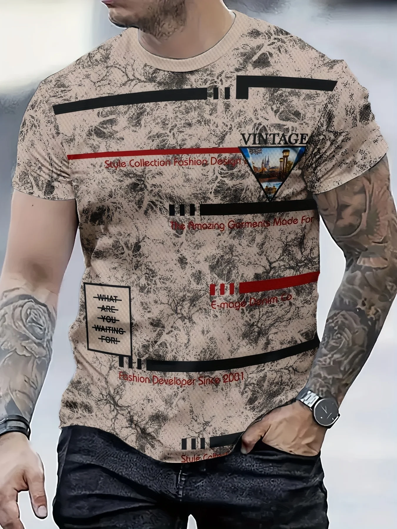 New men's short-sleeve T-shirt, loose-fitting and tailored with printed designs, versatile basic crew-neck top suitable for spri