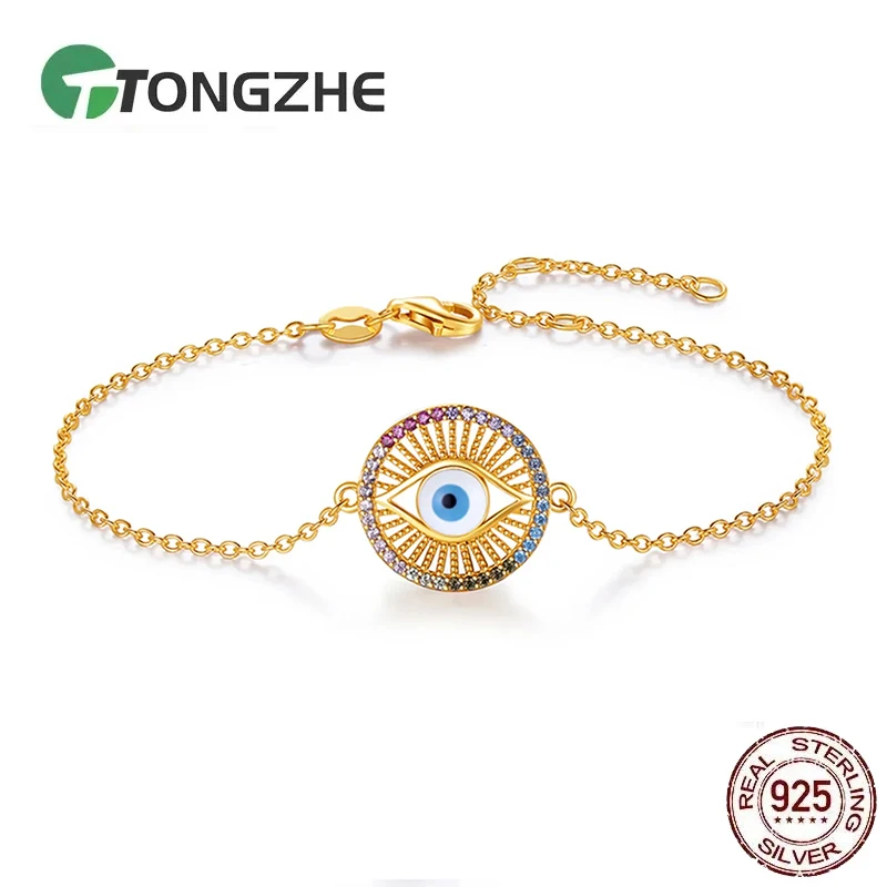 

TONGZHE 925 Sterling SilverEvil Eye Charm Bracelet CZ Zircon Rainbow Enamel Round Hamsa Bracelet for Women Turkish Jewelry