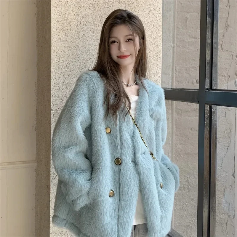 Winter Gentle and Lazy Wind Fragrant Wind Plush Thickened Mink Fleece Blue Coat Women's Spring Autumn High end Fashion Wool Coat