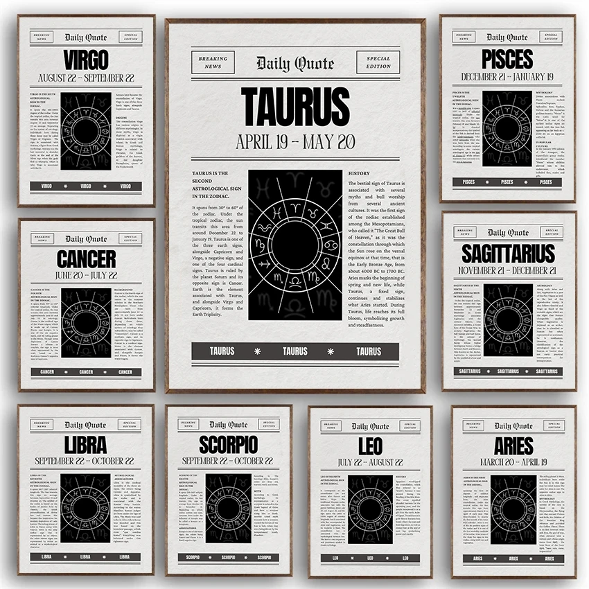 Retro Aesthetic Inspiration Astrology Zodiac Newspaper Leo Cancer Taurus Poster Canvas Paintings Wall Art Pictures Home Decor