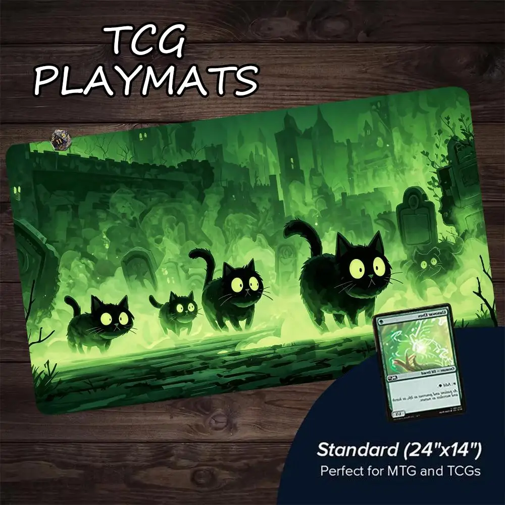 Spooky Graveyard Black Cats TCG Playmat 600x350 Green Castle Game Mat Non‑Slip Rubber Desk Pad for MTG DND CCG Trading Card Game