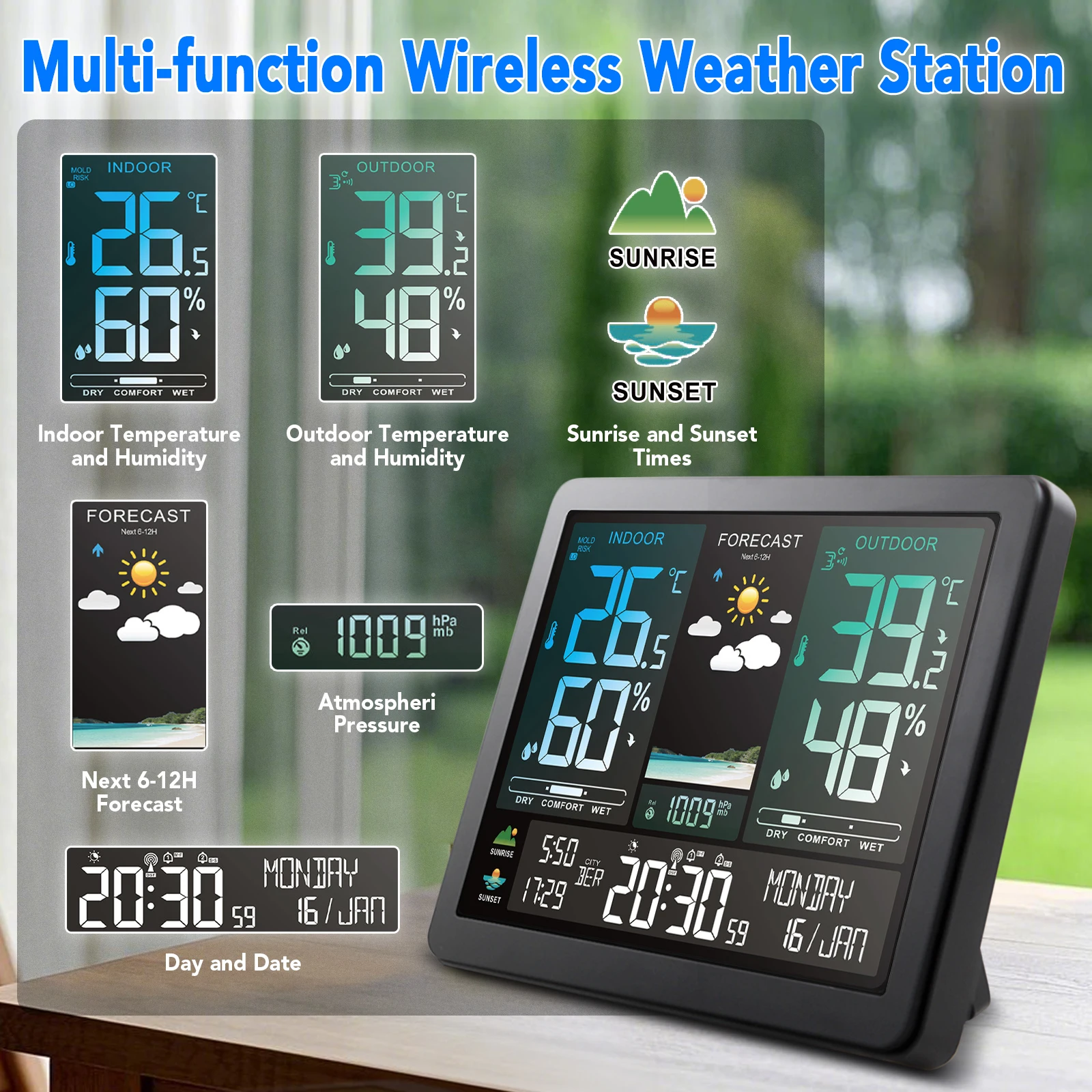 Weather Clock with Color Display - Features Sunrise/Sunset Times, Wireless Temperature and Humidity Readings