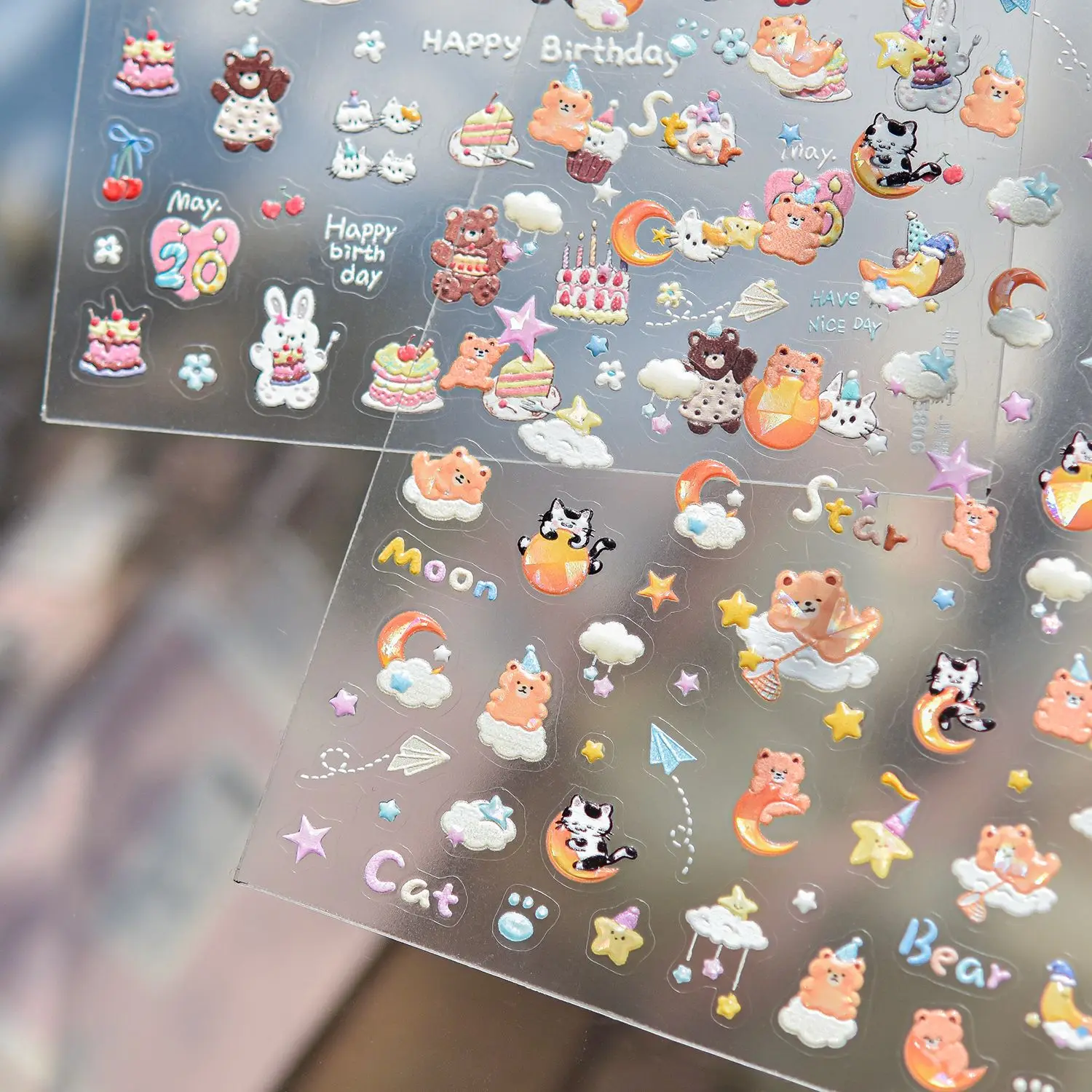 5D Cartoon Nagelaufkleber Niedlicher Bär Orange Panda Katze Mond Stern Wolke Papierflieger Liebenswerter Kindlicher Stil Selbstklebende Aufkleber DIY