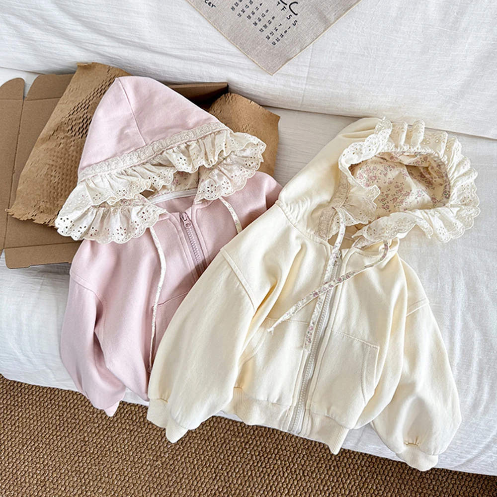 

Kids Girls Spring Fall Versatile Leisure Cotton Jacket 2-8Y Child 2025 New Girls Solid Jackets Lace Floral Print Hooded Zip Coat