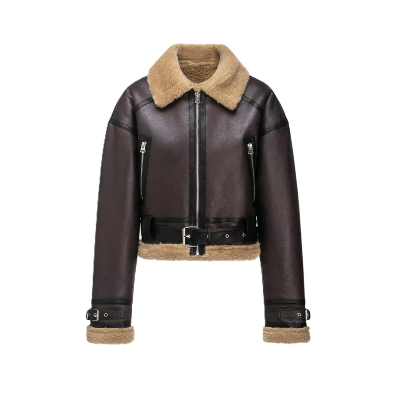 

Women's Jacket 2025 Winter New Deep Brown Long Sleeve Zipper Decorative Double-Sided Warm Short Jacket Fashionable Style