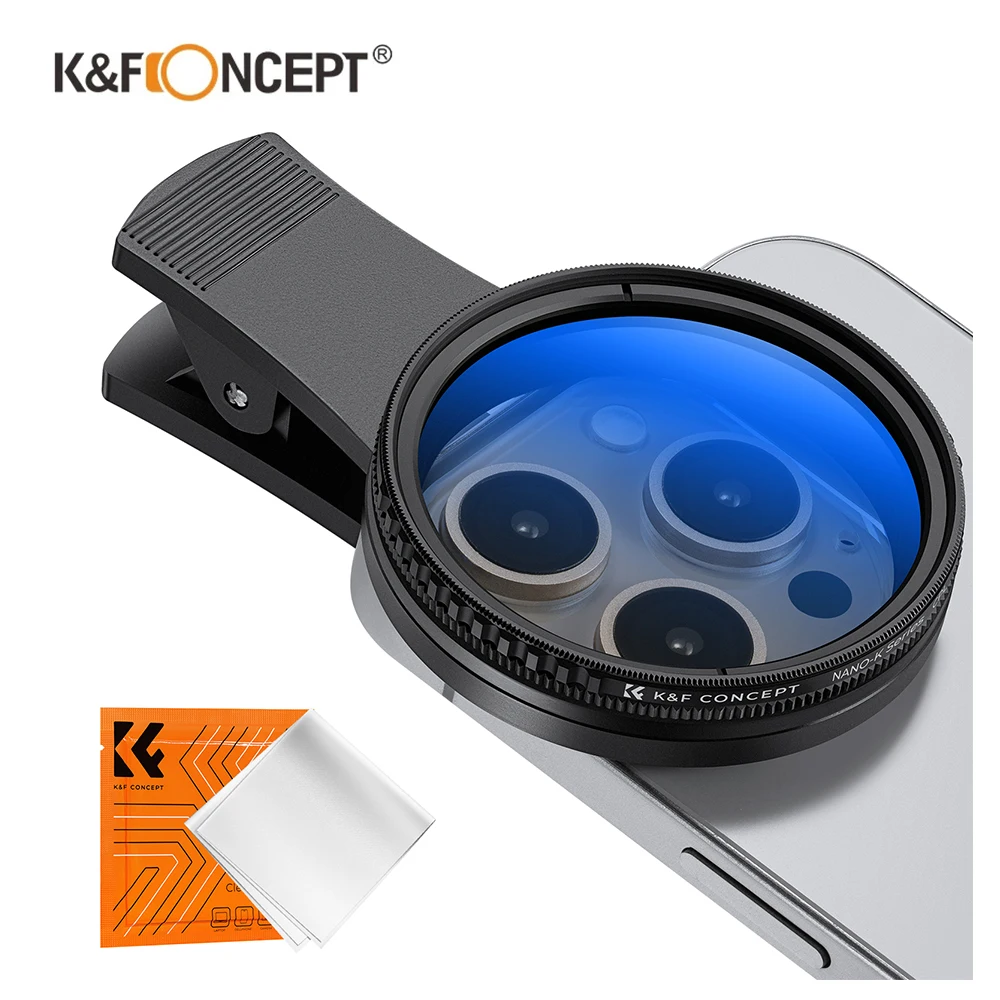 K & F CONCEPT-Filtre circulaire CPL à clipser pour tous les téléphones et objectif d\'appareil photo de 52mm, compatible avec iPhone 15 14