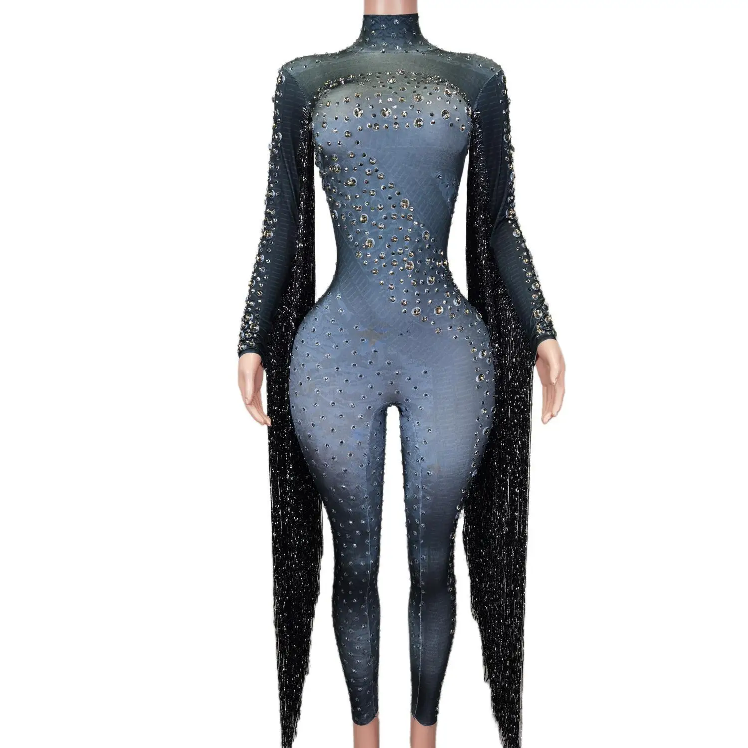 

Sexy Diamond Tassel Carnival Party Gogo Singer Stage Dancer Costumes Long Sleeve Showgirl Romper Women Party Rhinestone Jumpsuit