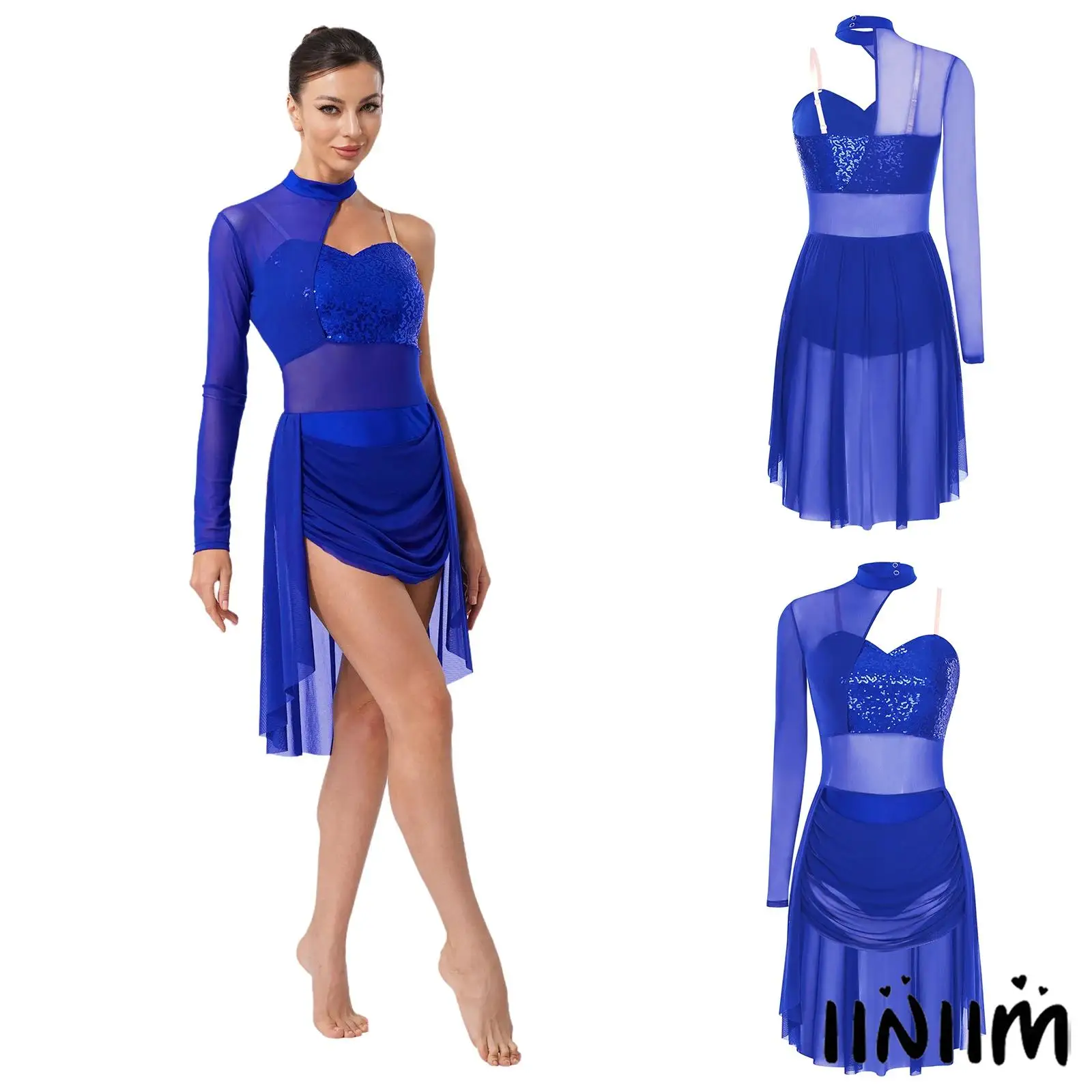 

Womens Adjustable Spaghetti Strap Lyrical Dance Dress One Shoulder Single Sleeve Sequined Leotard for Jazz Latin Samba Dancing