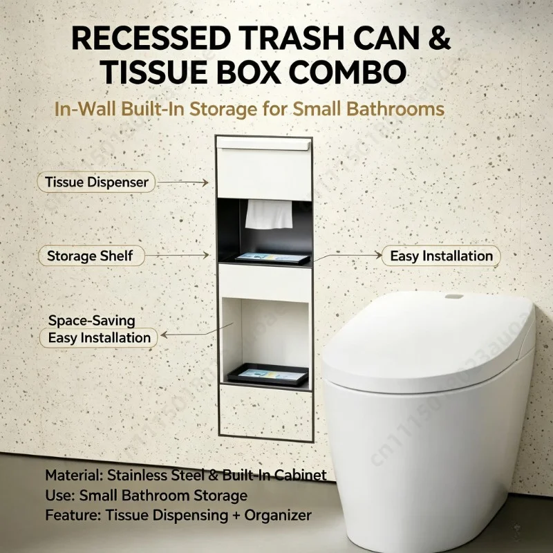 Stainless Steel Recessed Trash Can & Tissue Box Combo, In-Wall Built-in Storage for Small Bathrooms, Easy Installation