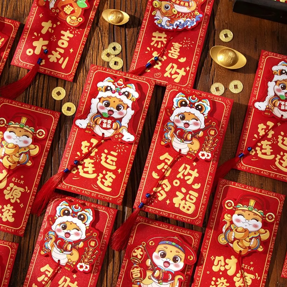 Enveloppes rouges de dessin animé avec glands, poche d'argent, bénédiction traditionnelle chinoise, nouvel an 3D, salle, année 2025, 6 pièces