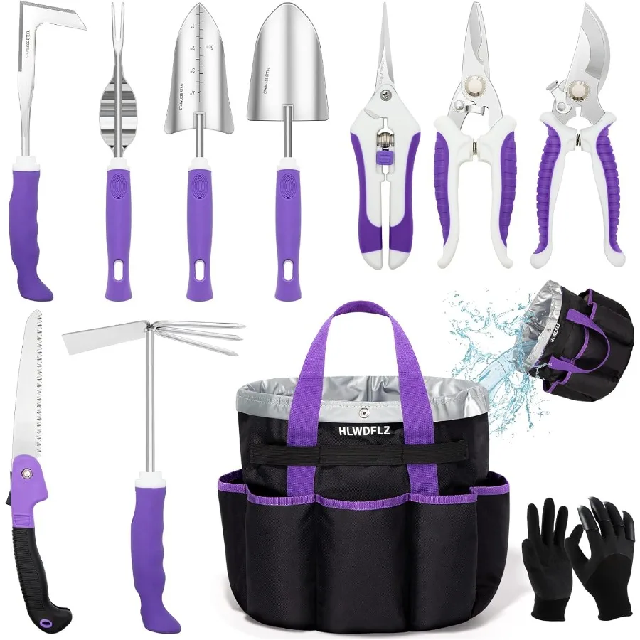 Purple Garden Tool Set for Women 11PCS Heavy Duty Gardening Tools with Detachable Storage Bag Includes Weeder and DualPurpose H