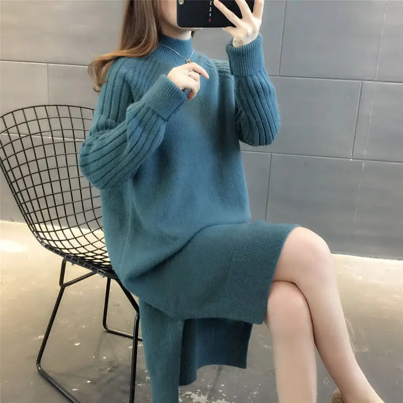 Long knee-length sweater pullover women Korean version loose knit bottom autumn and winter 2023 solid sweater pullover female