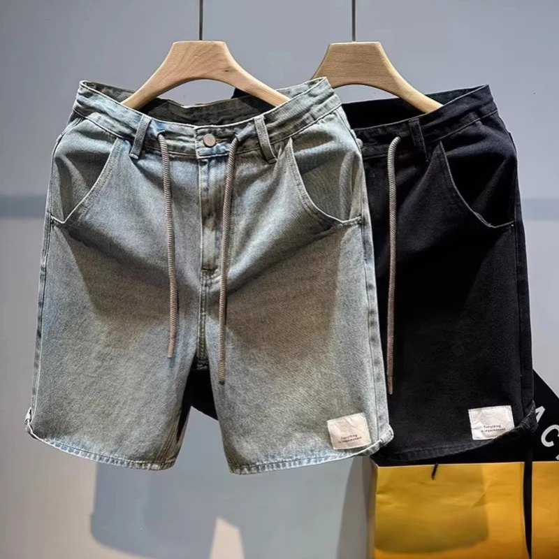 

2026 Mens Straight Leg Blue Denim Shorts Summer Casual Five Inch Beach Shorts Thin Lightweight Y2K Vintage Japanese Relaxed Fit