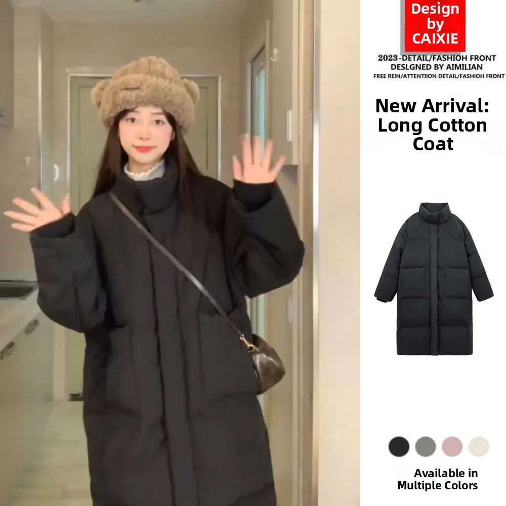 

2023 Winter Women's Thiened Loose down Cotton Jaet Bla Stand Collar Trendy Long Sve Mid-Length Coat for ort Women