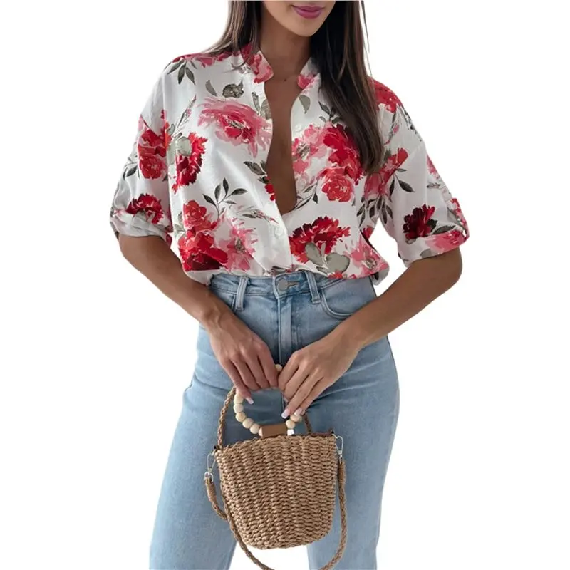 A19Q-Women Hawaiian Floral Printed Button Down Shirts
