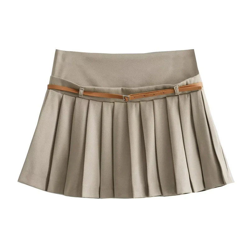 TRAF Mini Women Skirt Zipper Lady Pleated Skirt New In 2024 Summer With Belt Fashion Casual Elegant Office Women Clothing