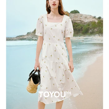 TOYOUTH 여성용 꽃 자수 스타일 스퀘어 넥 순면 원피스, 중간 길이 홀리데이 비치 바캉스 원피스, 2024 여름 신상 