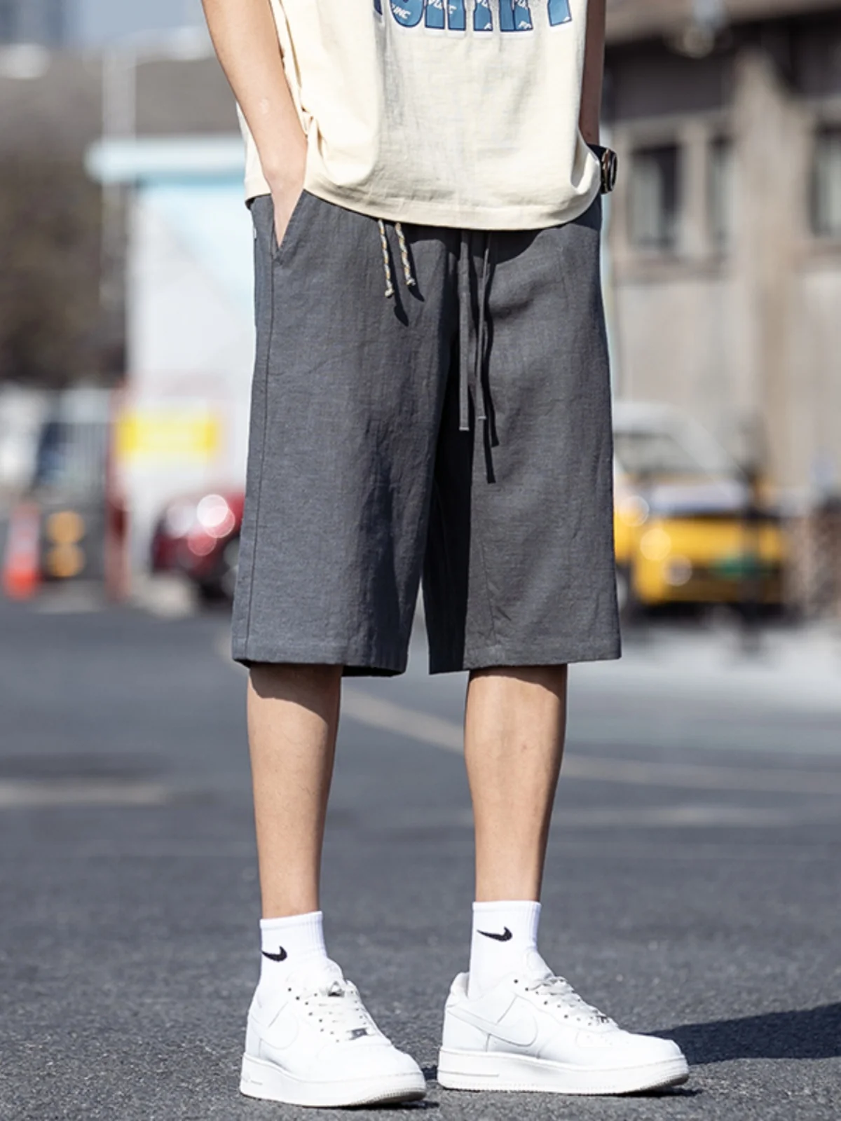

Men's Linen orts Summer Thin Five-Point Cotton-Linen Wide Leg Pants Straight Cut Casual Summer Faion Youthful Breathable