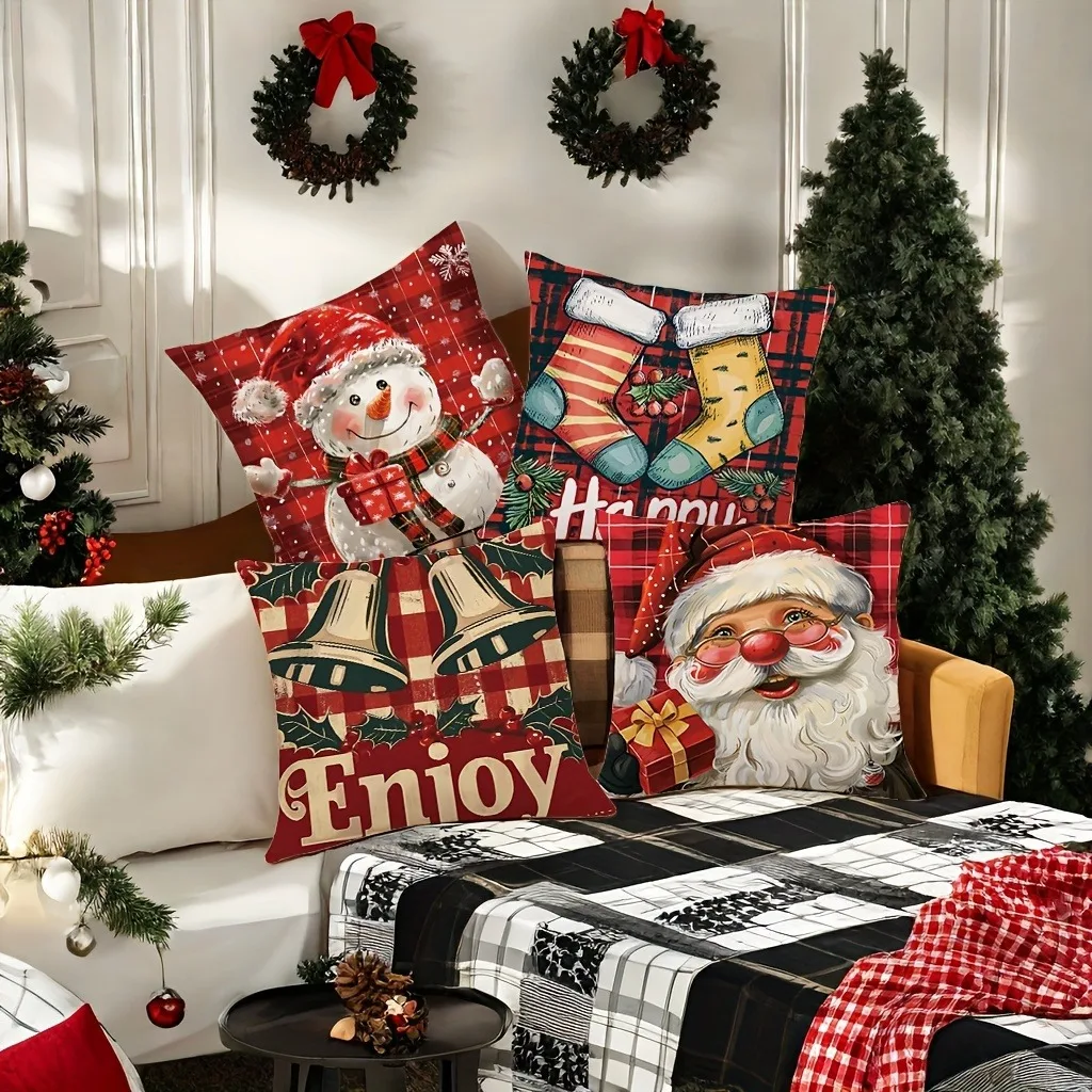 Christmas decoration pillowcase New Year gift retro country Santa Claus Snowman Plaid pattern home decoration sofa cushion cover