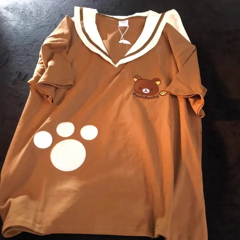 Rilakkuma Embroidered Sailor Uniform Japanese Kawaii Girl Sailor Uniform Fashion Cotton Short-Sleeved T-Shirt Casual Loose Top