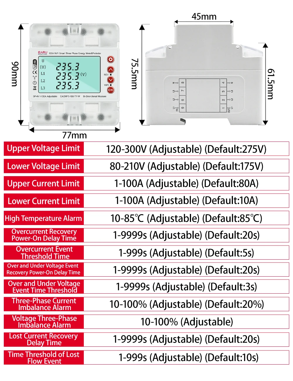 Medidor de energía bidireccional inteligente, trifásico, 380V, 100A, Tuya, WiFi, kWh, Protector de sobretensión, interruptor de relé, límite de