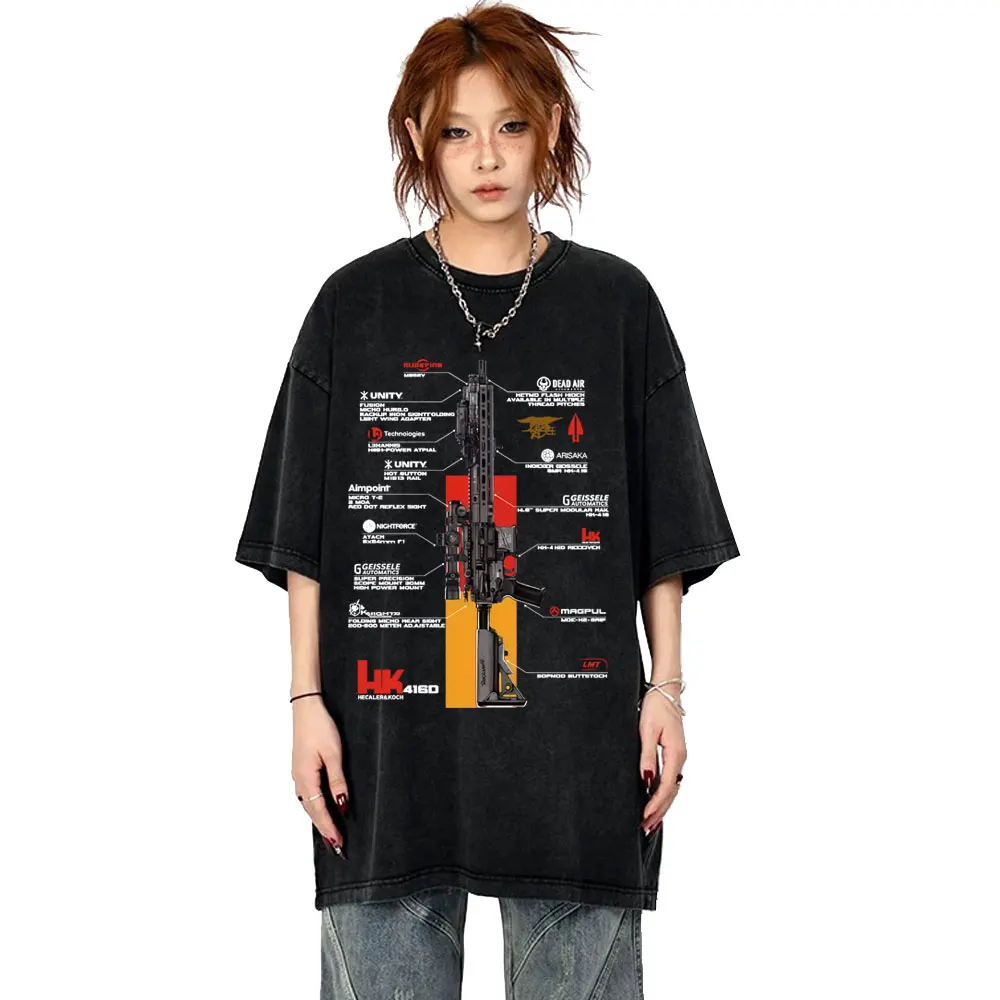 

Vintage Washed Heckler & Koch HK416D T-shirt Summer Men Women Tactical Army Fan Club Outdoor Training Competition T Shirts Tops