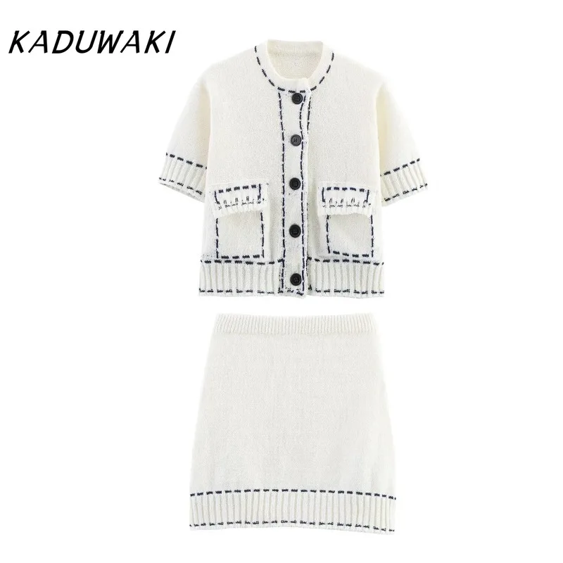 

KADUWAKI Women's Knitted Open-line Cardigan Skirt Suit Short-sleeved Top High Waist Mini Skirt Spring Summer New Casual Chic Set