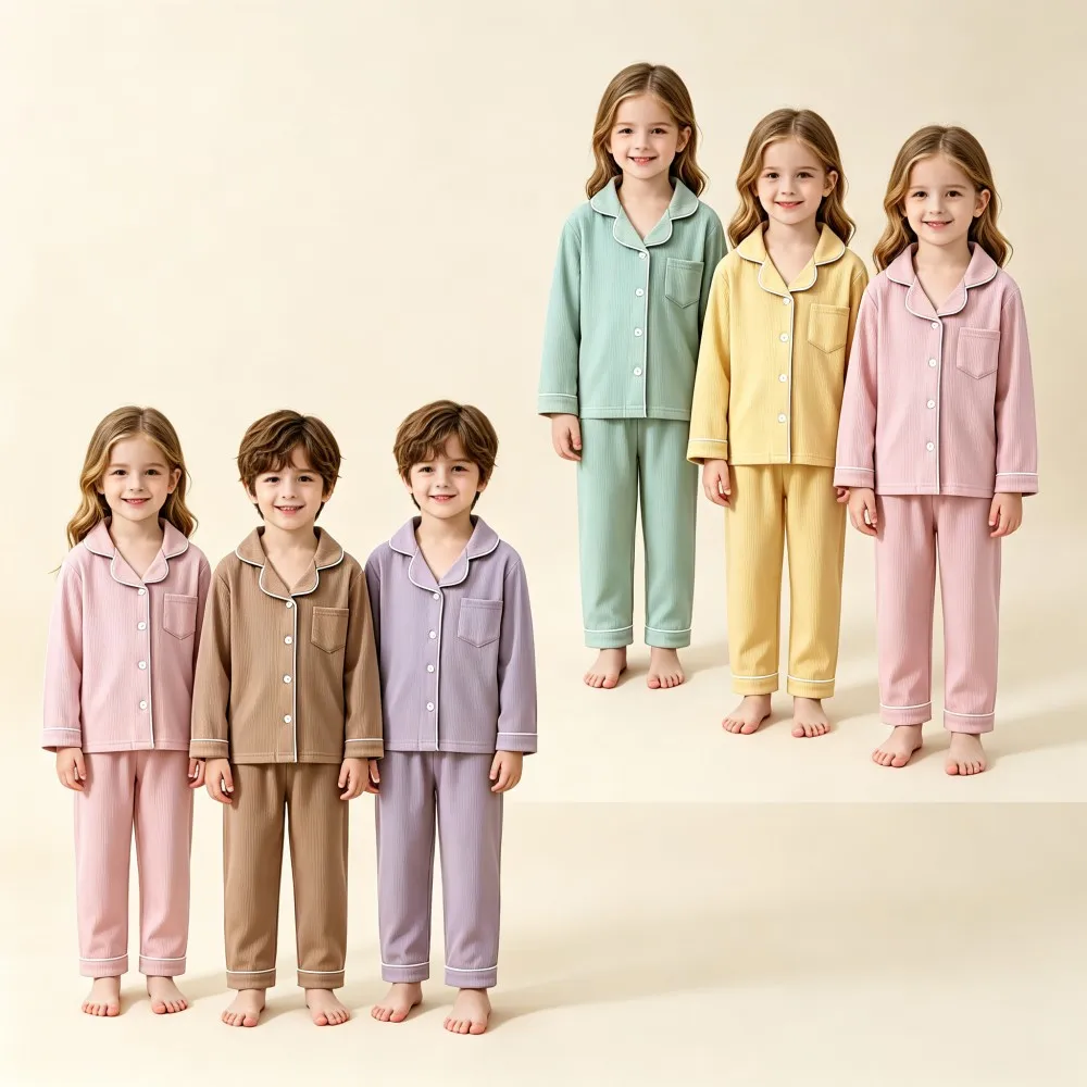 Toddler Boys Girls Pajamas Sets Ribbed Knit Sleepwear Long Sleeve Button‑Up Lapel 2‑Piece Kids Homewear Nightwear Pajama Suit