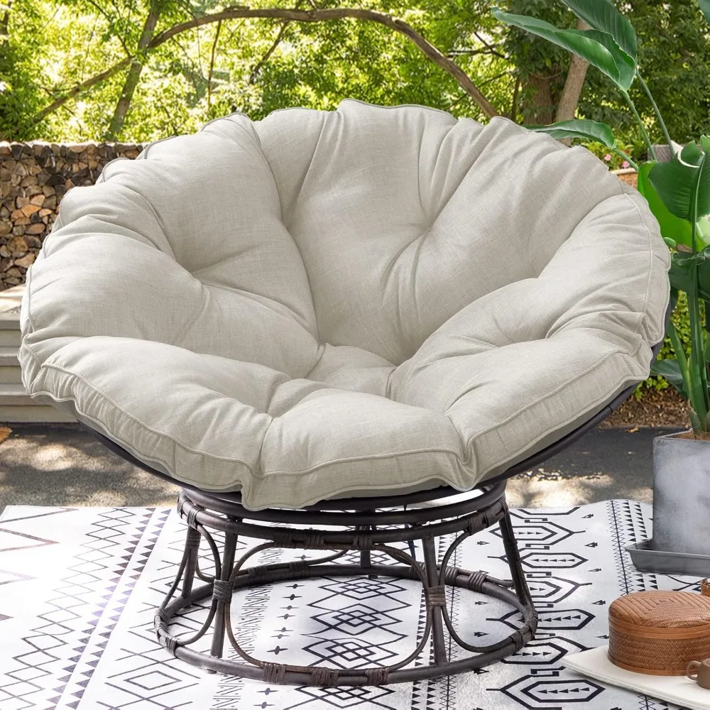 Papasan Chair with Cushion and Frame, 46'' Wicker Papasan Lounge Chair Large Saucer Chair, Brown Frame with Beige Cushion