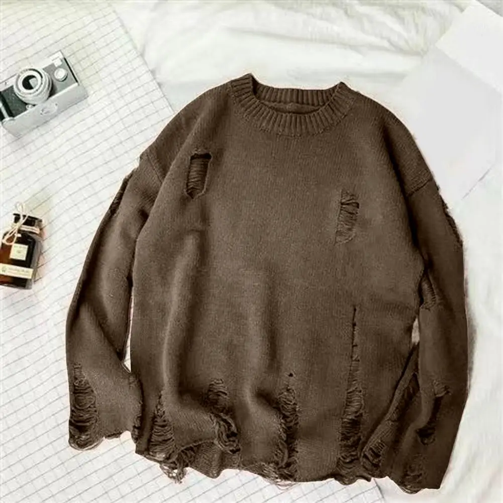 Men Fall Winter Sweater Ripped Hole Solid Color Round Neck Knitted Retro Japanese Style Mid Length Loose Long Sleeve Soft Warm P