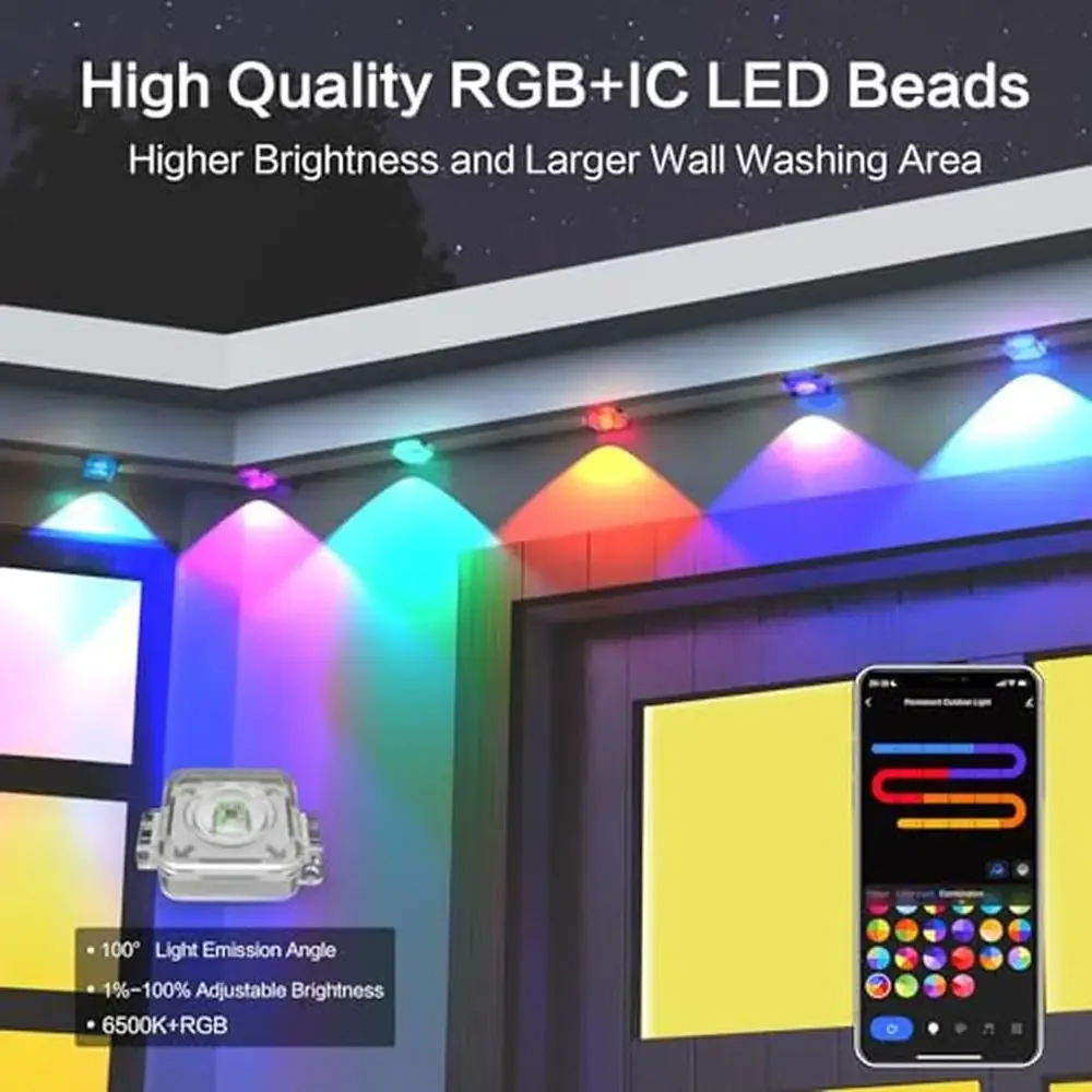 Permanent Smart RGB IC LED Eaves Lights 100ft Halloween House Outdoor Lighting Kit with 54 Scene Modes & Music Control IP67