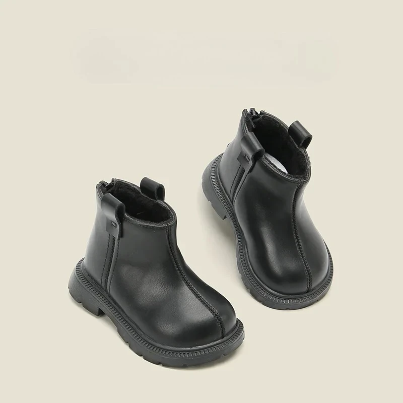 

Solid Color Black Toddler Boy Boots British Style Zip Leather Shoes Autumn Winter Baby First Walkers