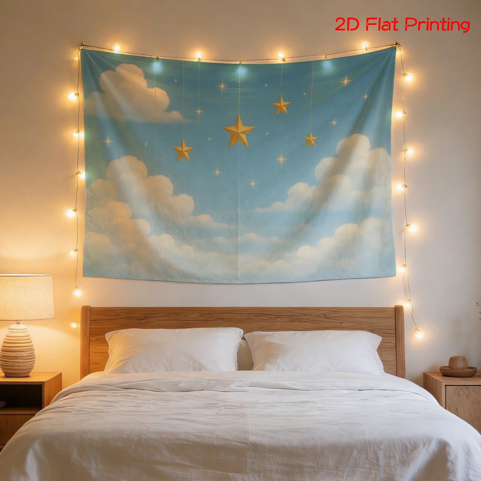 Gorgeous Blue Sky and Clouds Tapestry Wall Hanging Polyester Decorative Textile Celestial Stars Galaxy Backdrop Nursery Room Dec
