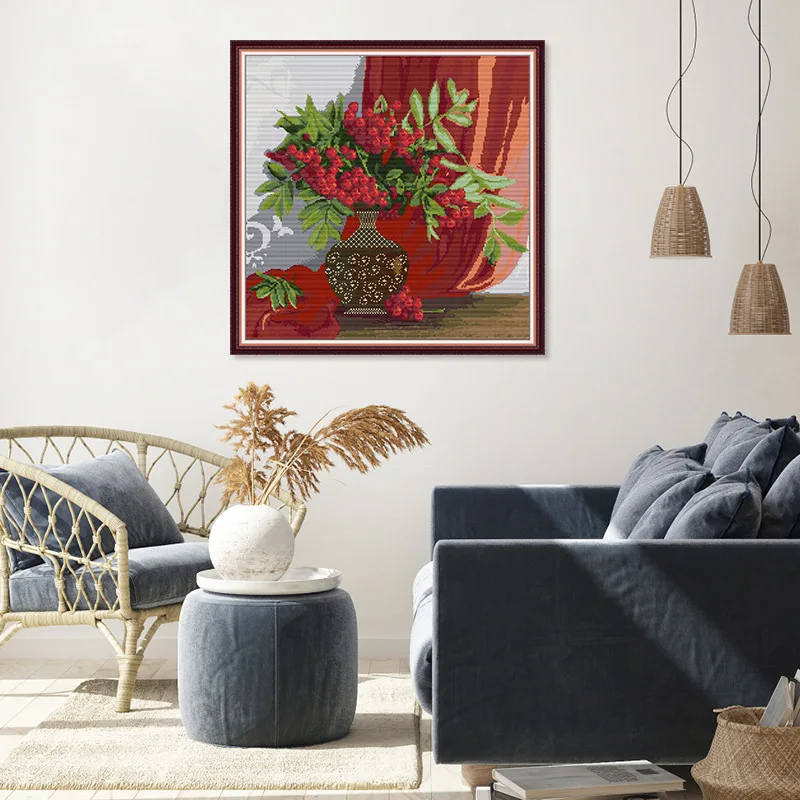 

Набор для вышивки крестом Joy Sunday с предварительной печатью, легкий узор, набор для вышивки из штампованной ткани Аиды, красные фрукты спереди окна