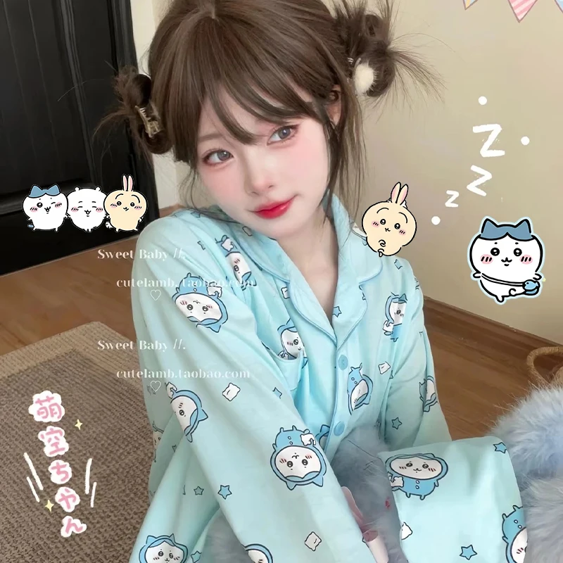 

Kawaii Anime Chiikawa Pajamas Cartoon Usagi Hachiware Cute Girls Long Sleeves Long Pants Spring Autumn Student Home Clothes Set