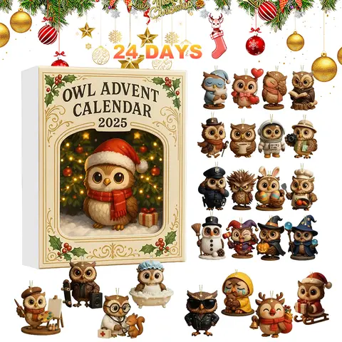 Owl Advent Calendar 2025 with 2D Flat Owl Ornaments 24 Days Christmas Countdown Calendar Xmas Countdown Calendar for Tree Decor