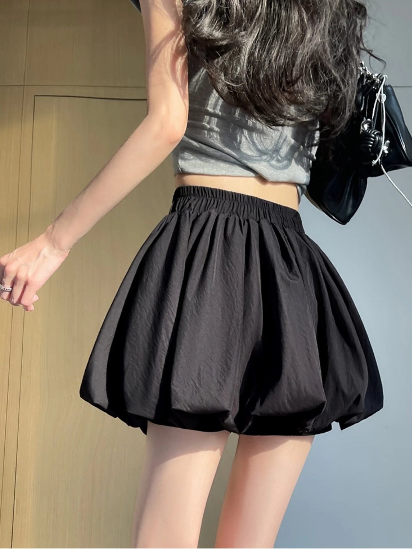 Black Flower Bud Short Pants Women's Summer New High Waist A-Line Skirt Pants Pleated Fluffy Half Skirt for Plump Girls