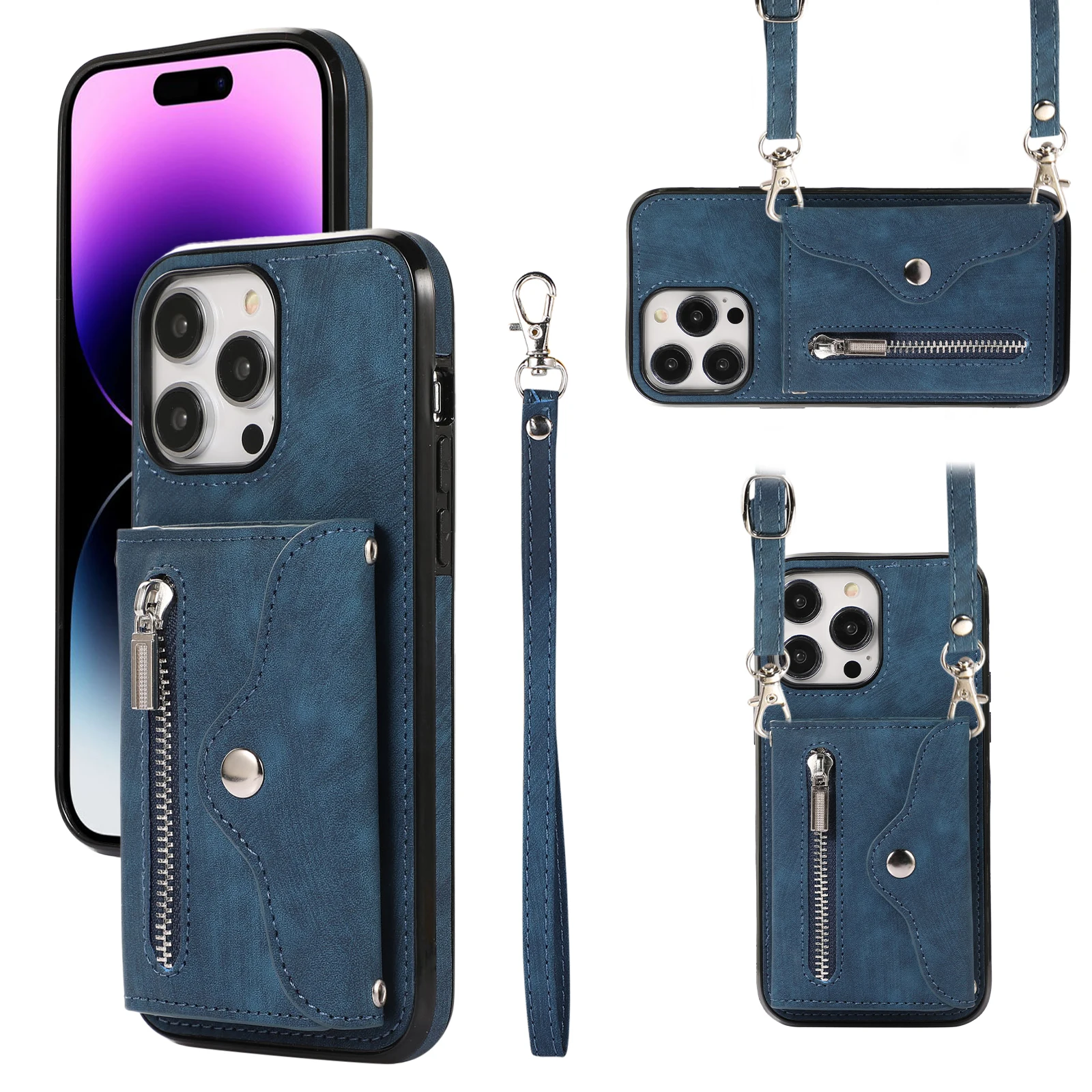 Multilayer Slot Cards Zipper Wallet Leather Case  For Iphone 11 12 13 14 Pro Max Mini Plus Xr Xs X Lanyard Crossbody Cover