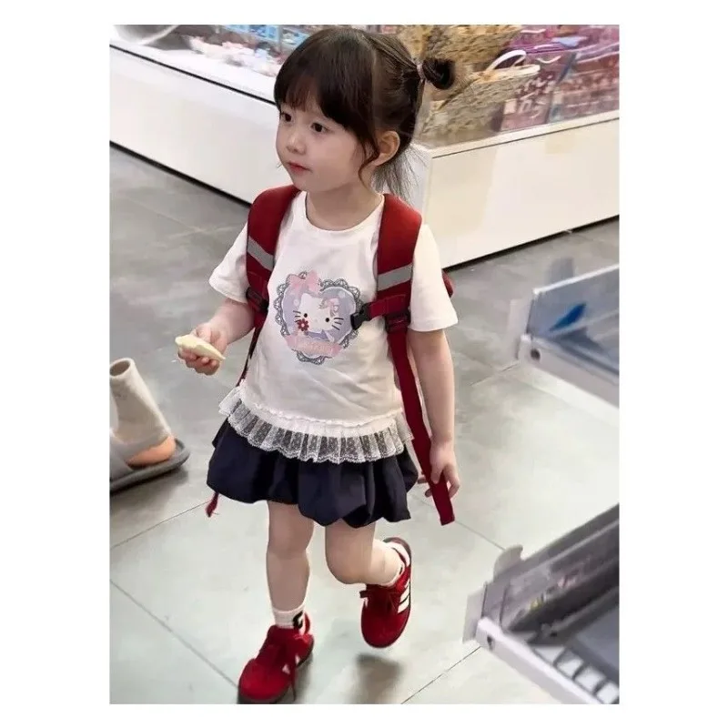 

2025 New Summer Hello Kitty Anime Kawaii Sanrio Ins Fashion Girls Short Sleeved Shirt Pants Cute Two-piece Set Clothes Gifts