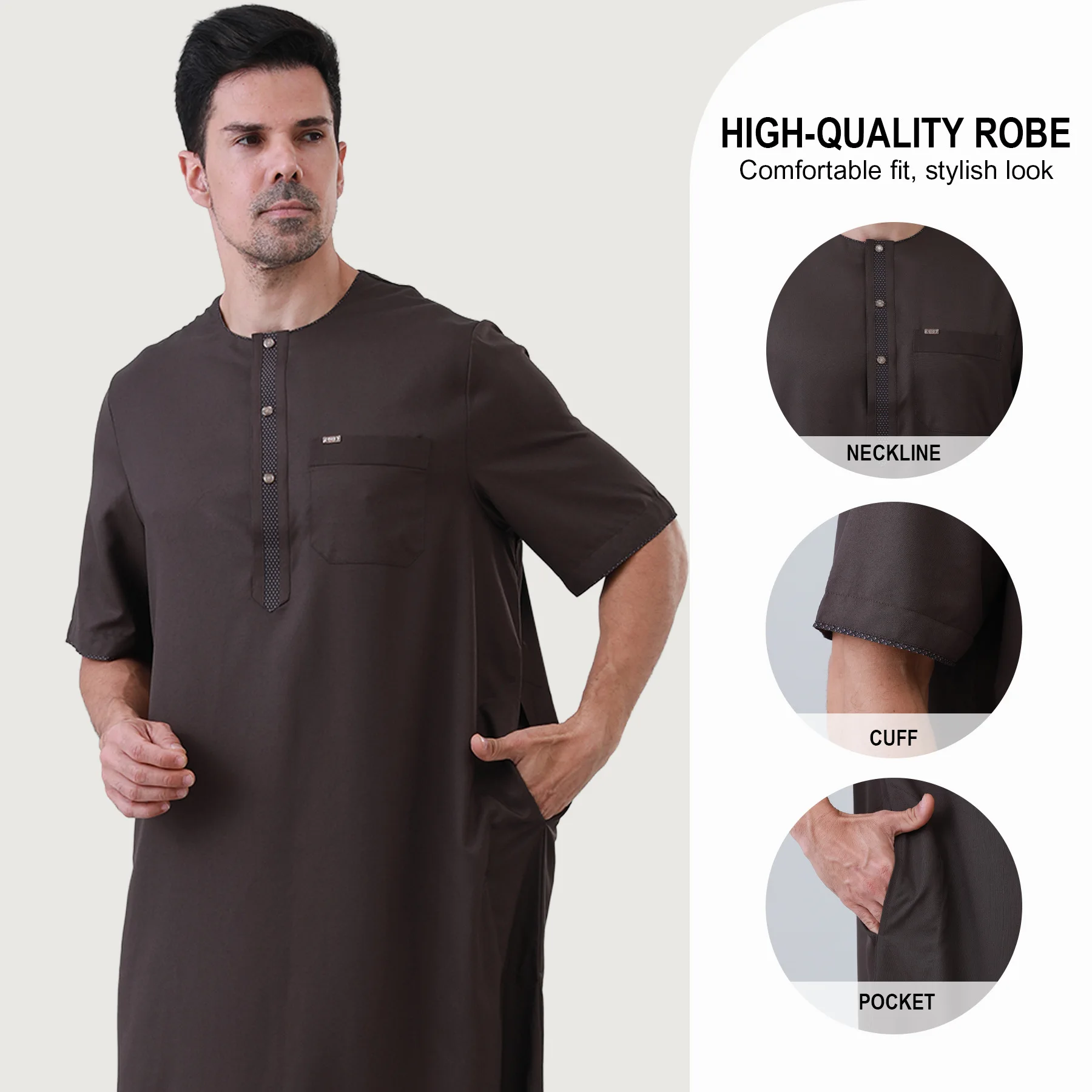 

Men's Thobe Short Sleeve Kaftan Loose Fit Islamic Robe Casual Muslim Abaya Middle East Dubai Saudi Thobe Traditional Clothing