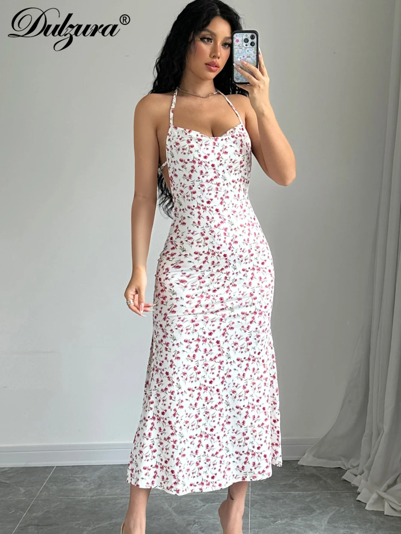 Dulzura-vestido Midi sin mangas con cuello Halter y espalda descubierta con cordones y estampado Floral para mujer, traje Sexy elegante para fiesta, Club, vacaciones, primavera y verano