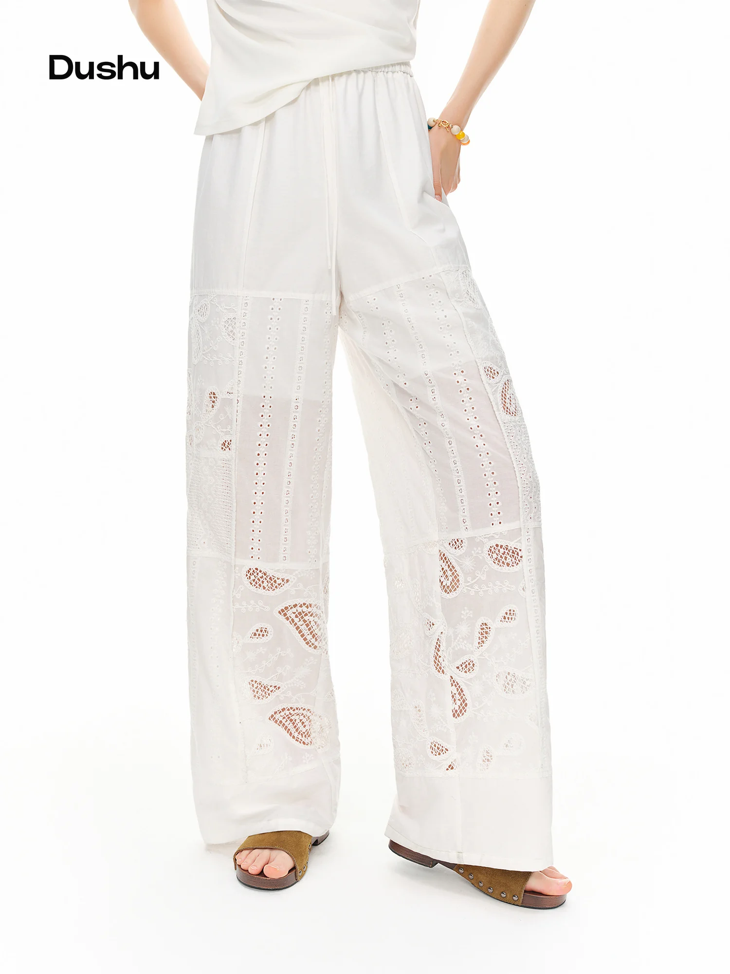DUSHU Women's 2026 Summer New White Hollow Embroidery Wide-Leg Pants Loose High-Waisted Straight Trousers Multi-Size Long Pants