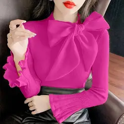 Elegant Solid Color Flare Sleeve Knitted Bow Blouse Women's Clothing 2022 Autumn New All-match Casual Pullovers Loose Sweet Shir