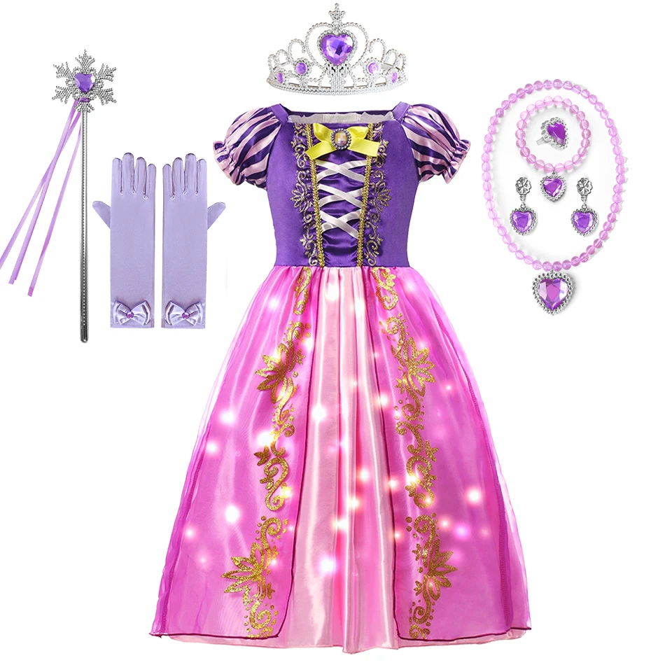 Disney Frozen Princess Elsa Anna LED Light Up Dress Girls Kids Cosplay Party Clothes Belle Rapunzel Luminous Aurora Prom Gown