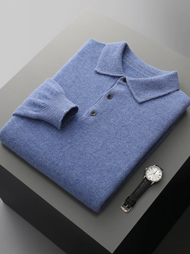 100% Australian Wool Men Lapel Pullover Long Sleeve POLO Neck Sweaters Loose Warm Tops Knitted High-quality Clothing