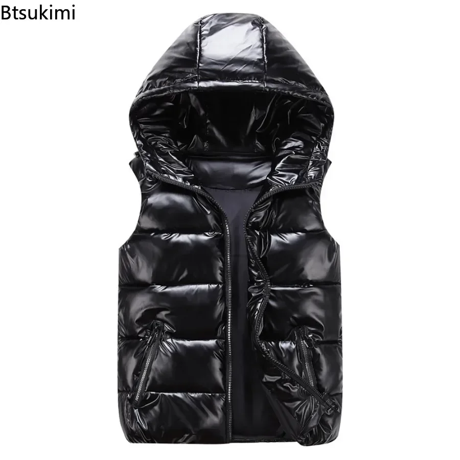 Men\'s Down Cotton Lightweight Vest Coats Couple Casual Waterproof Waistcoat Winter Men\'s Hooded Glossy Sleeveless Parkas Vest