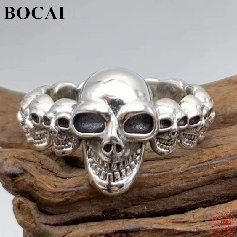 BOCAI S925 Sterling Silver Ring for Men Retro Emboss Skull-head Adjustable Argentum Punk Jewelry Wholesale