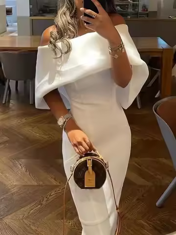 Elegant Off Shoulder Dress Women Summer Cape Design Splicing Skinny Evening Party Dresses White
