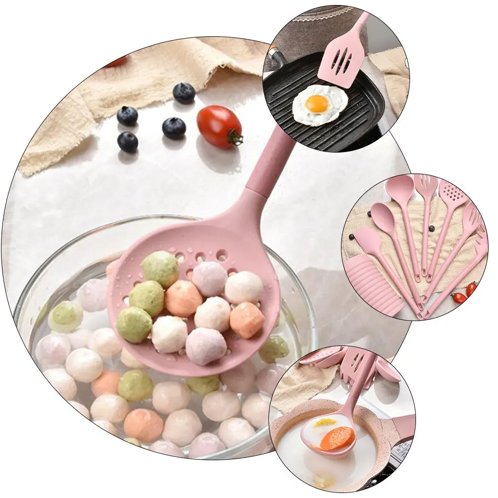 

1 set 1 Set Silicone Kitchenware Set With Storage Bucket Soup Ladle Easy Clean Ergonomic Design Cooking Gadgets Kitchen